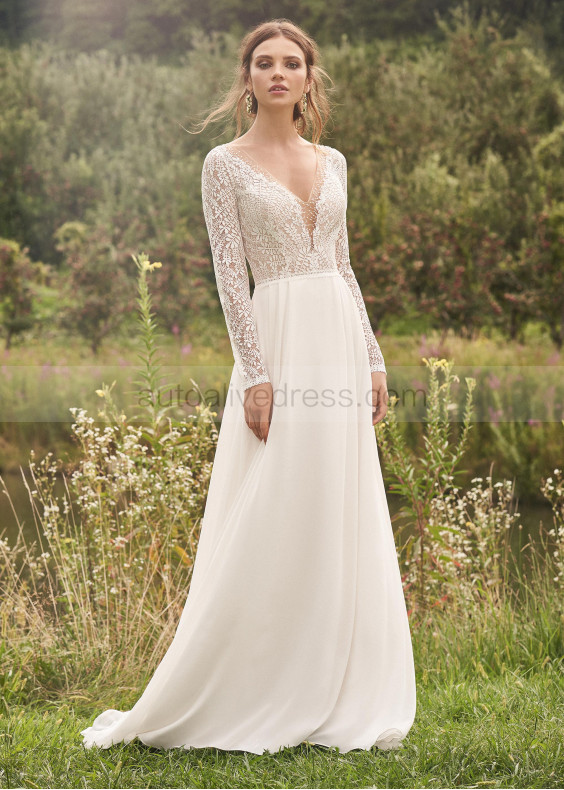 Long Sleeve Beaded Ivory Leaf Lace Chiffon Wedding Dress